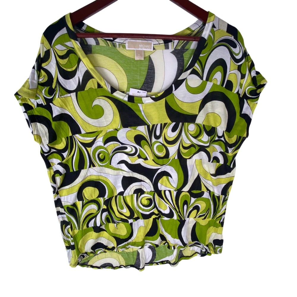 Michael Kors Lime White Black Pattern Women's Spring Round Neck Top MS45E56DX6